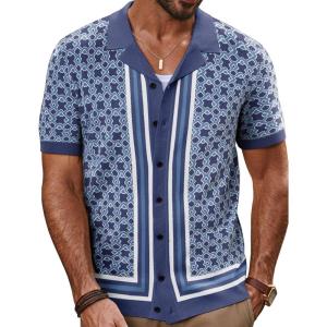 PJ PAUL JONES Mens 70S Shirts Vintage Shirts Button Down Cuban Collar Knitted Polo Shirt(Blue-purple)