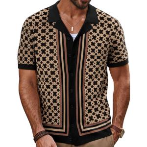 PJ PAUL JONES Mens 70S Shirts Vintage Shirts Button Down Cuban Collar Knitted Polo Shirt(Camel)