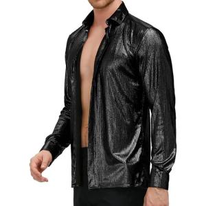PJ PAUL JONES Men’s 70s Disco Shirts Luxury Metallic Sequins Button Down Long Sleeve Party Shirt Nightclub Costume Tops(Black)