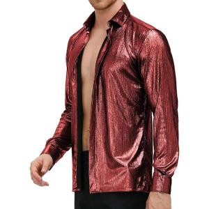 PJ PAUL JONES Men’s 70s Disco Shirts Luxury Metallic Sequins Button Down Long Sleeve Party Shirt Nightclub Costume Tops(Burgundy)