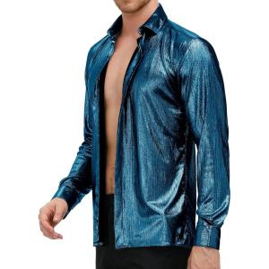 PJ PAUL JONES Men’s 70s Disco Shirts Luxury Metallic Sequins Button Down Long Sleeve Party Shirt Nightclub Costume Tops(Dark Blue)