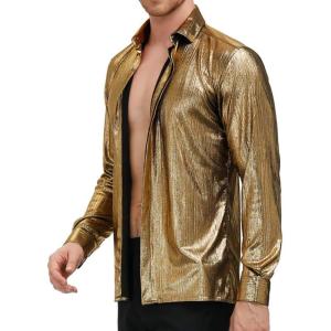 PJ PAUL JONES Men’s 70s Disco Shirts Luxury Metallic Sequins Button Down Long Sleeve Party Shirt Nightclub Costume Tops(Gold)