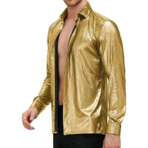 PJ PAUL JONES Men’s 70s Disco Shirts Luxury Metallic Sequins Button Down Long Sleeve Party Shirt Nightclub Costume Tops(Golden)