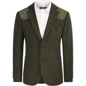 PJ PAUL JONES Men’s Blazer Herringbone Tweed Sport Coats Two Button Wool Blend Formal Jacket(Army Green)