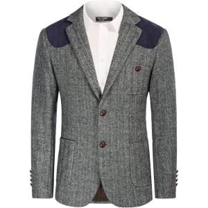 PJ PAUL JONES Men’s Blazer Herringbone Tweed Sport Coats Two Button Wool Blend Formal Jacket(Black)