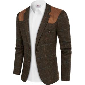 PJ PAUL JONES Men’s Blazer Herringbone Tweed Sport Coats Two Button Wool Blend Formal Jacket(Brown)