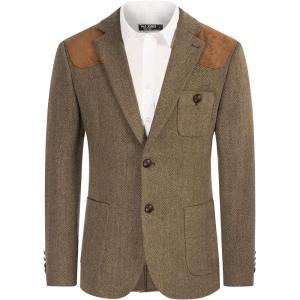 PJ PAUL JONES Men’s Blazer Herringbone Tweed Sport Coats Two Button Wool Blend Formal Jacket(Coffee)