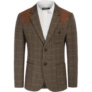 PJ PAUL JONES Men’s Blazer Herringbone Tweed Sport Coats Two Button Wool Blend Formal Jacket(Coffee(plaid))