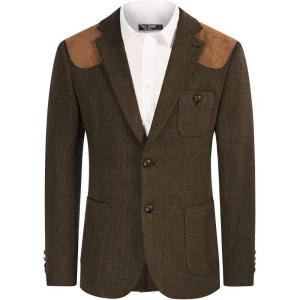 PJ PAUL JONES Men’s Blazer Herringbone Tweed Sport Coats Two Button Wool Blend Formal Jacket(Dark Brown)