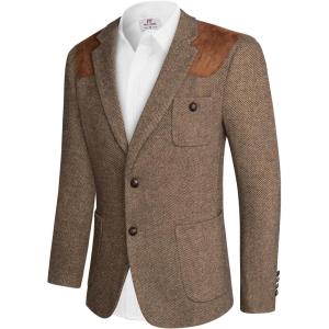 PJ PAUL JONES Men’s Blazer Herringbone Tweed Sport Coats Two Button Wool Blend Formal Jacket(Dark Coffee)