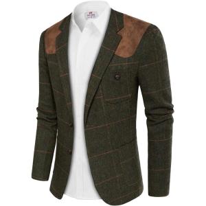 PJ PAUL JONES Men’s Blazer Herringbone Tweed Sport Coats Two Button Wool Blend Formal Jacket(Dark Green)