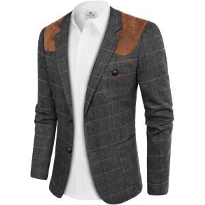 PJ PAUL JONES Men’s Blazer Herringbone Tweed Sport Coats Two Button Wool Blend Formal Jacket(Dark Grey)