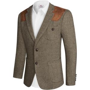 PJ PAUL JONES Men’s Blazer Herringbone Tweed Sport Coats Two Button Wool Blend Formal Jacket(Nut Brown)