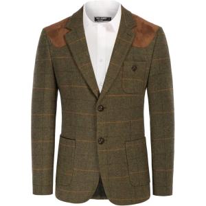 PJ PAUL JONES Men’s Blazer Herringbone Tweed Sport Coats Two Button Wool Blend Formal Jacket(Olive(plaid))