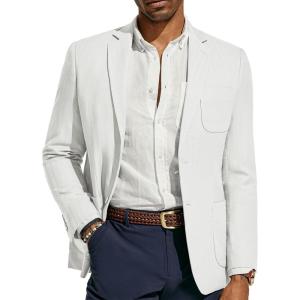 PJ PAUL JONES Men’s Blazer Jacket Cotton Linen Sports Coats Regular Fit Two Buttons Herringbone Suit Jackets(White)