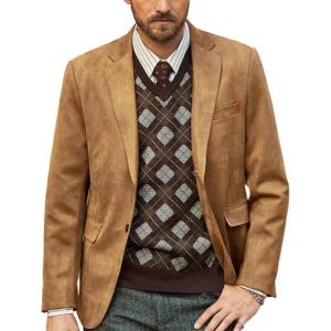 PJ PAUL JONES Mens Blazer Jacket Faux Leather Suit Jacket Casual 2 Buttons Suede Sport Blazer Coat with Pockets(Light Tan)