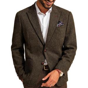 PJ PAUL JONES Mens Blazer Vintage Herringbone Tweed Blazer Two Button Wool Blend Sport Coat with Pocket Square(Brown)
