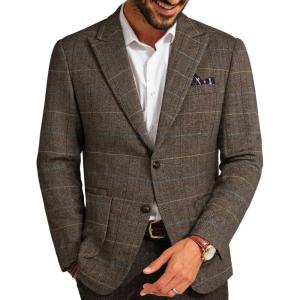 PJ PAUL JONES Mens Blazer Vintage Herringbone Tweed Blazer Two Button Wool Blend Sport Coat with Pocket Square(Brown Plaid)