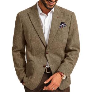 PJ PAUL JONES Mens Blazer Vintage Herringbone Tweed Blazer Two Button Wool Blend Sport Coat with Pocket Square(Coffee)