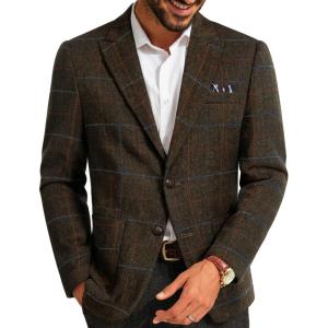 PJ PAUL JONES Mens Blazer Vintage Herringbone Tweed Blazer Two Button Wool Blend Sport Coat with Pocket Square(Coffee Plaid)