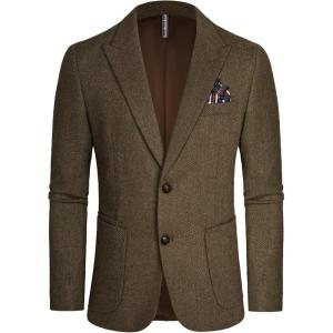 PJ PAUL JONES Mens Blazer Vintage Herringbone Tweed Blazer Two Button Wool Blend Sport Coat with Pocket Square(Coffee+army Green)
