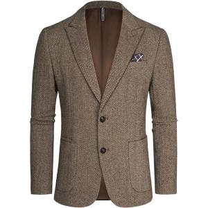 PJ PAUL JONES Mens Blazer Vintage Herringbone Tweed Blazer Two Button Wool Blend Sport Coat with Pocket Square(Coffee+khaki)