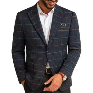 PJ PAUL JONES Mens Blazer Vintage Herringbone Tweed Blazer Two Button Wool Blend Sport Coat with Pocket Square(Dark Blue Plaid)