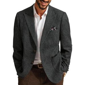 PJ PAUL JONES Mens Blazer Vintage Herringbone Tweed Blazer Two Button Wool Blend Sport Coat with Pocket Square(Dark Gray)