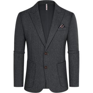 PJ PAUL JONES Mens Blazer Vintage Herringbone Tweed Blazer Two Button Wool Blend Sport Coat with Pocket Square(Dark Grey)