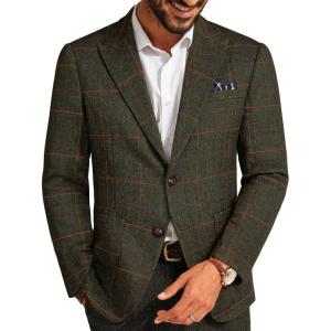 PJ PAUL JONES Mens Blazer Vintage Herringbone Tweed Blazer Two Button Wool Blend Sport Coat with Pocket Square(Olive Green Plaid)