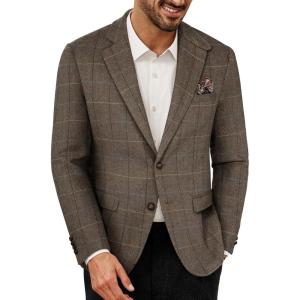 PJ PAUL JONES Mens Blazer Vintage Wool Blend Sport Coat Herringbone Tweed Blazer Suit Jacket with Pocket Square(Coffee)