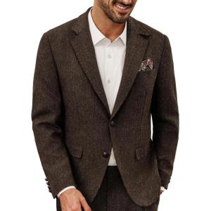 PJ PAUL JONES Mens Blazer Vintage Wool Blend Sport Coat Herringbone Tweed Blazer Suit Jacket with Pocket Square(Dark Coffee)