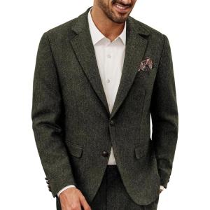 PJ PAUL JONES Mens Blazer Vintage Wool Blend Sport Coat Herringbone Tweed Blazer Suit Jacket with Pocket Square(Green)