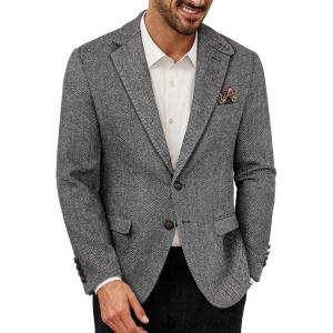 PJ PAUL JONES Mens Blazer Vintage Wool Blend Sport Coat Herringbone Tweed Blazer Suit Jacket with Pocket Square(Grey)