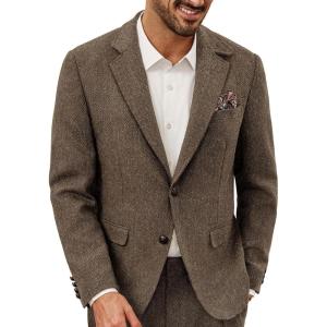 PJ PAUL JONES Mens Blazer Vintage Wool Blend Sport Coat Herringbone Tweed Blazer Suit Jacket with Pocket Square(Khaki)