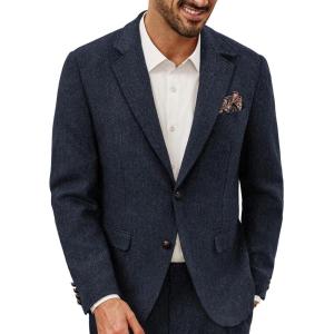 PJ PAUL JONES Mens Blazer Vintage Wool Blend Sport Coat Herringbone Tweed Blazer Suit Jacket with Pocket Square(Navy Blue)