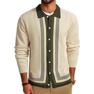 PJ PAUL JONES Men‘s Button Down Polo Shirts Striped Knitted Cardigan Sweaters(Beige)