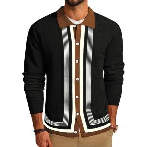 PJ PAUL JONES Men‘s Button Down Polo Shirts Striped Knitted Cardigan Sweaters(Black)
