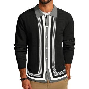 PJ PAUL JONES Men‘s Button Down Polo Shirts Striped Knitted Cardigan Sweaters(Black Gray)