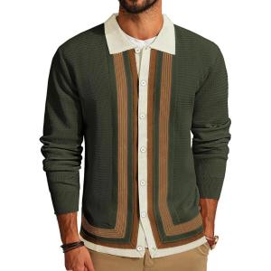 PJ PAUL JONES Men‘s Button Down Polo Shirts Striped Knitted Cardigan Sweaters(Green)