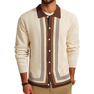 PJ PAUL JONES Men‘s Button Down Polo Shirts Striped Knitted Cardigan Sweaters(White Brown)