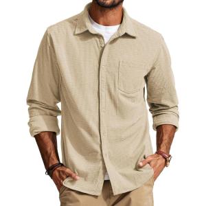 PJ PAUL JONES Men’s Button Down Shirt Texture Wrinkle Free Shirts Long Sleeve Waffle Untucked Shirt(Apricot)