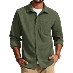 PJ PAUL JONES Men’s Button Down Shirt Texture Wrinkle Free Shirts Long Sleeve Waffle Untucked Shirt(Army Green)