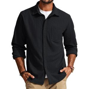 PJ PAUL JONES Men’s Button Down Shirt Texture Wrinkle Free Shirts Long Sleeve Waffle Untucked Shirt(Black)