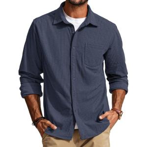 PJ PAUL JONES Men’s Button Down Shirt Texture Wrinkle Free Shirts Long Sleeve Waffle Untucked Shirt(Blue)