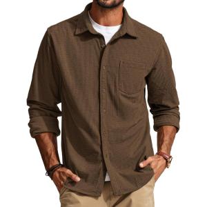 PJ PAUL JONES Men’s Button Down Shirt Texture Wrinkle Free Shirts Long Sleeve Waffle Untucked Shirt(Brown)