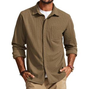 PJ PAUL JONES Men’s Button Down Shirt Texture Wrinkle Free Shirts Long Sleeve Waffle Untucked Shirt(Camel)