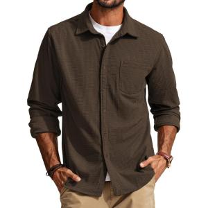 PJ PAUL JONES Men’s Button Down Shirt Texture Wrinkle Free Shirts Long Sleeve Waffle Untucked Shirt(Coffee)