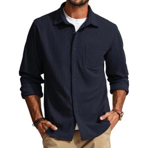 PJ PAUL JONES Men’s Button Down Shirt Texture Wrinkle Free Shirts Long Sleeve Waffle Untucked Shirt(Dark Blue)