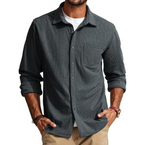 PJ PAUL JONES Men’s Button Down Shirt Texture Wrinkle Free Shirts Long Sleeve Waffle Untucked Shirt(Dark Grey)
